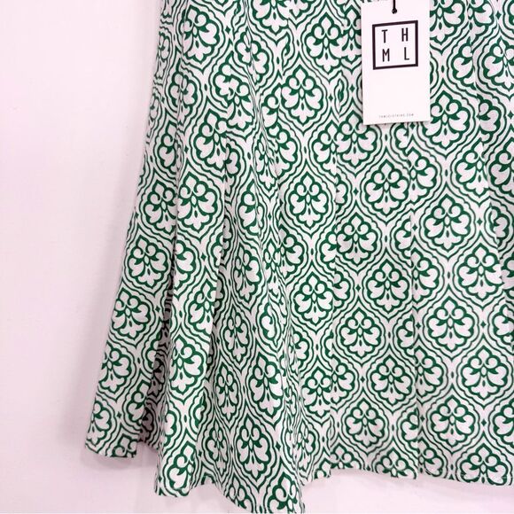 THML Green White Fleur Print 100% Cotton A line Pleated Mini Skirt NEW - Picture 3 of 16